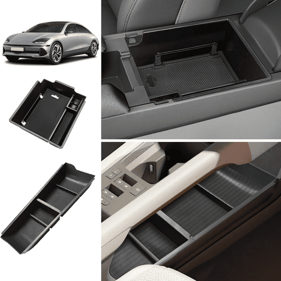 For Ioniq6 Armrest Storage Box and Lower Center Console Organizer Tray 2PCS with Rubber Black Trim Compatible with Hyundai Ioniq 6 SE SEL Limited 2023 2024 2025 Accessories (2PCS)