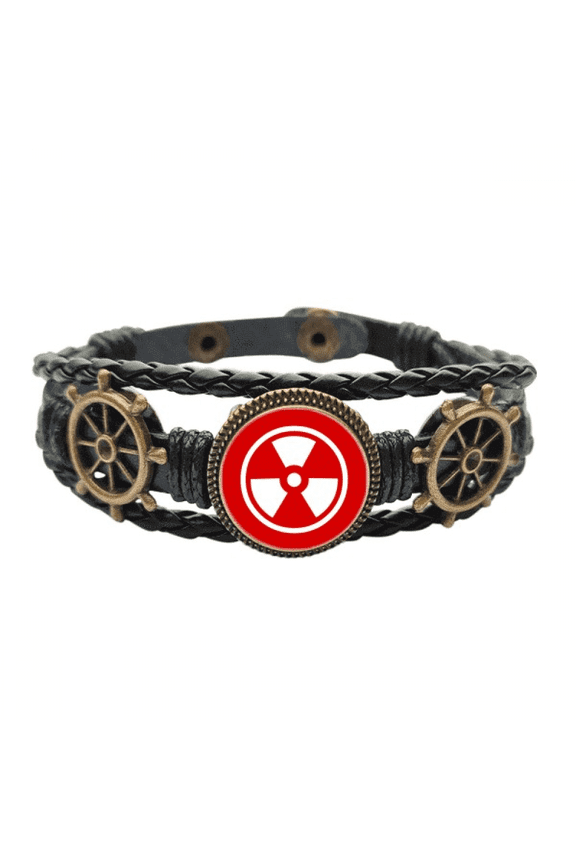 Ionization Radiation Red Square Warning Mark Leather Braided Ocean Bracelet Wristband