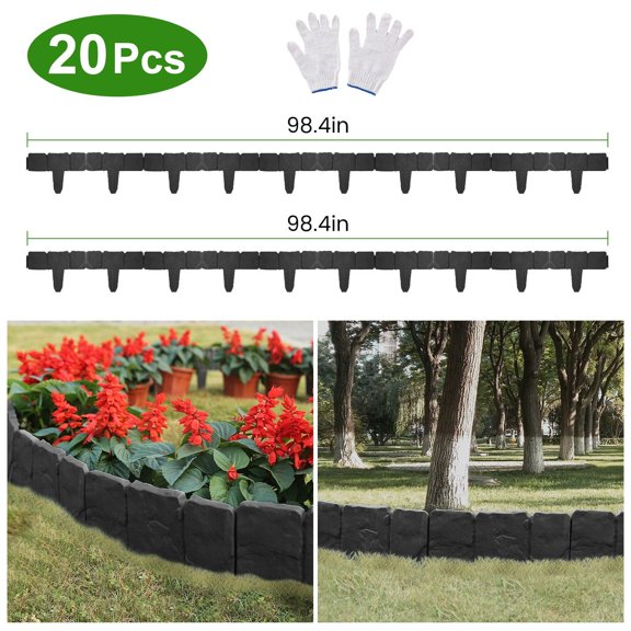 Iorbur 20-Piece 16ft Plastic Garden Edging, Cobblestone-Style Flexible Interlocking Landscape Border, PP Lawn Edging for Yard Flower Bed and Pathway Landscaping