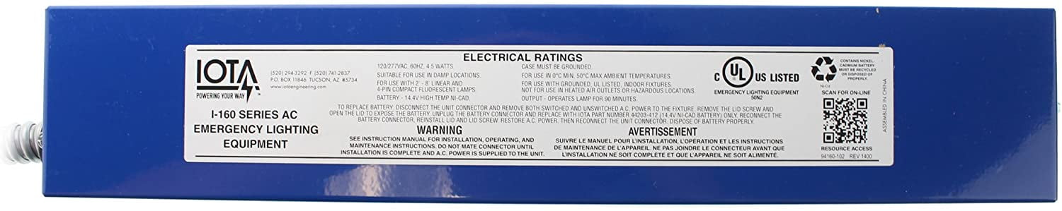 Iota I-160 - Emergency Backup Battery - 90 min. - Operates Most 2 ft. - 8 ft. single, Bi-Pin, T8 and T12, HO or VHO and 2 ft.-4 ft. 28W and 54W T5 lamps - 120/277 Volt