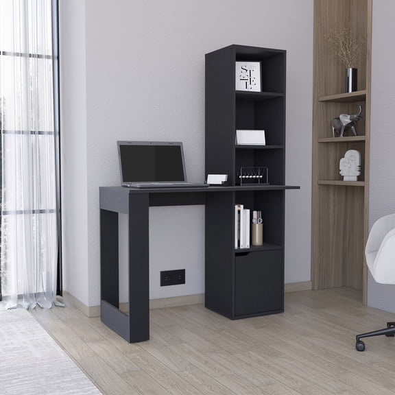Iowa 25 Inch Computer Desk with Cabinet and 4-Tier Bookcase