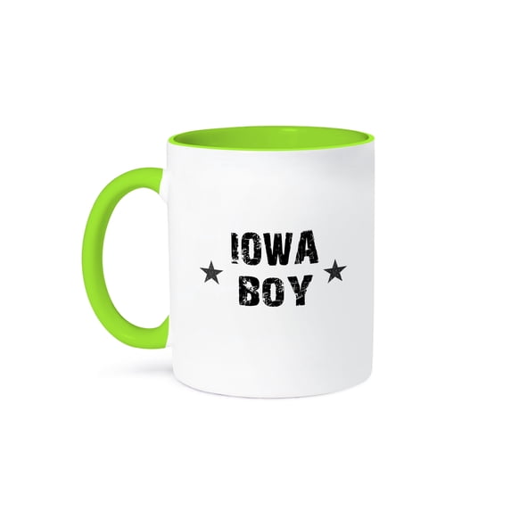 3dRose, Iowa Boy - home state pride - USA - United States of America - black and white text and stars, 11oz Two-Tone Green Mug