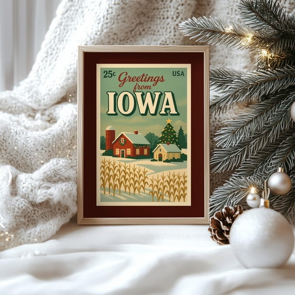 Iowa Christmas Postcard Wall Art Print, Retro Holiday, Vintage Style State, Mid Century Christmas Decor #594, Unframed Poster Size 12x18