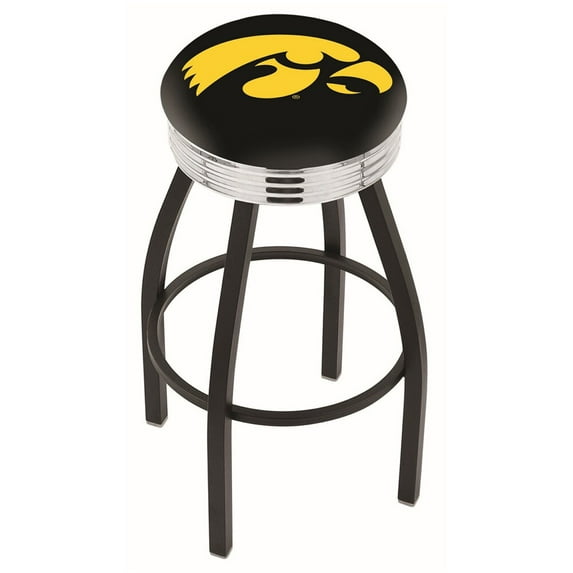 Iowa Hawkeyes 30" Black Wrinkle Swivel Bar Stool with Chrome Ribbed Ring