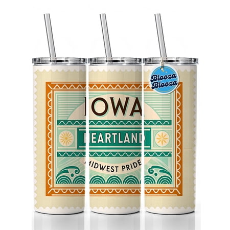 Iowa IA Heartland State Travel Vacation Stamp 20oz Insulated Water Bottle Skinny Tumbler Includes Straw