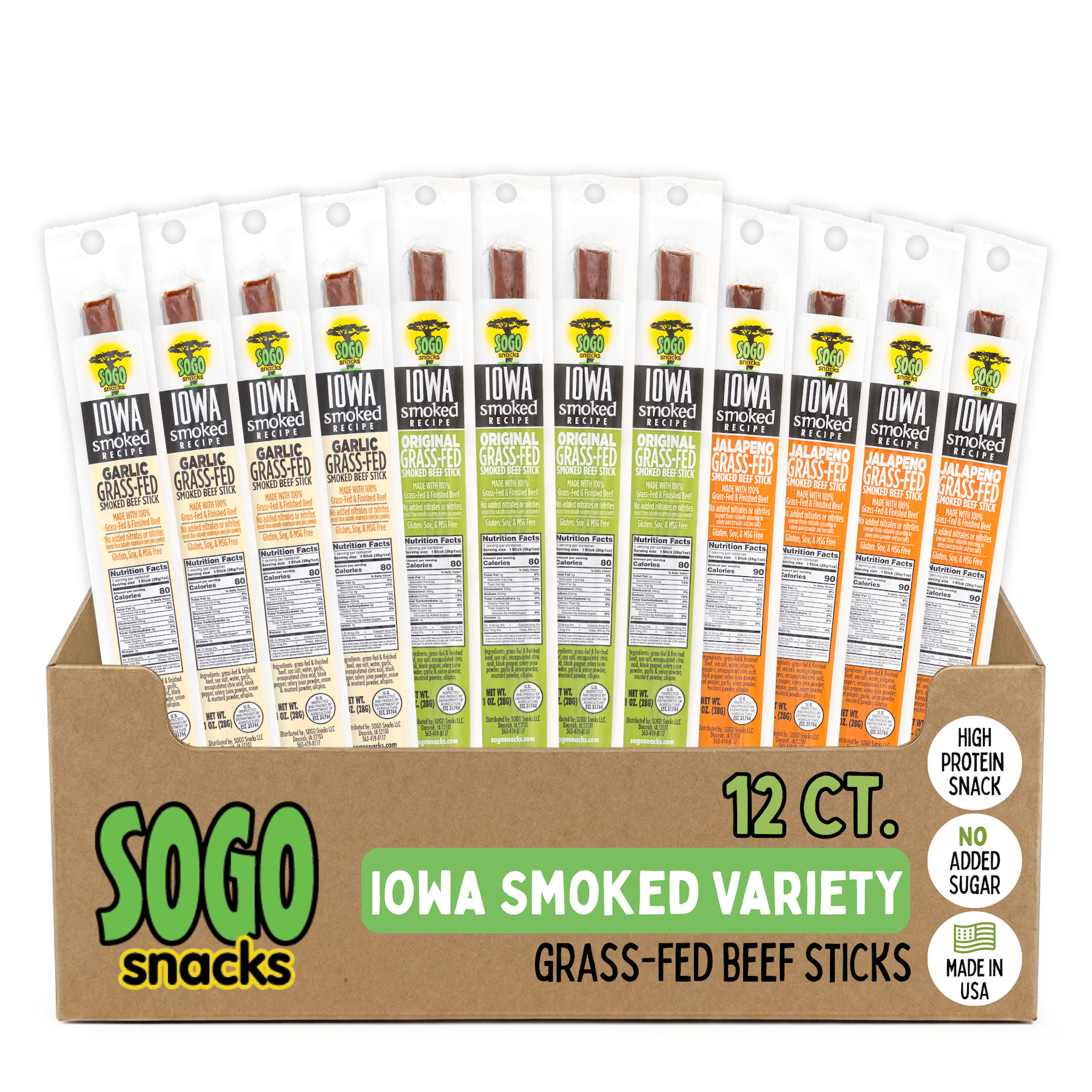 Iowa Smoked Variety Pack, No Sugar, 100% Grass-fed & finished, Non-GMO Beef Sticks. No Nitrates, Gluten, Soy, MSG, Dairy or Nuts (4 Org, 4 Garlic, 4 Jala, 12 Cnt, 1-oz)