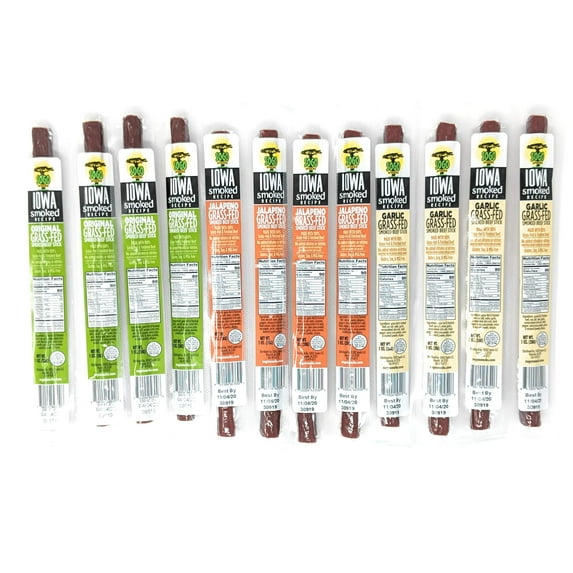 Iowa Smoked Variety, No Sugar, 100% Grass-fed & finished, Non-GMO Beef Sticks. No Nitrates, Gluten, Soy, MSG, Dairy or Nuts. Keto & Paleo Friendly (16 Org, 16 Garlic, 16 Jala, 48 Cnt, 1-oz)