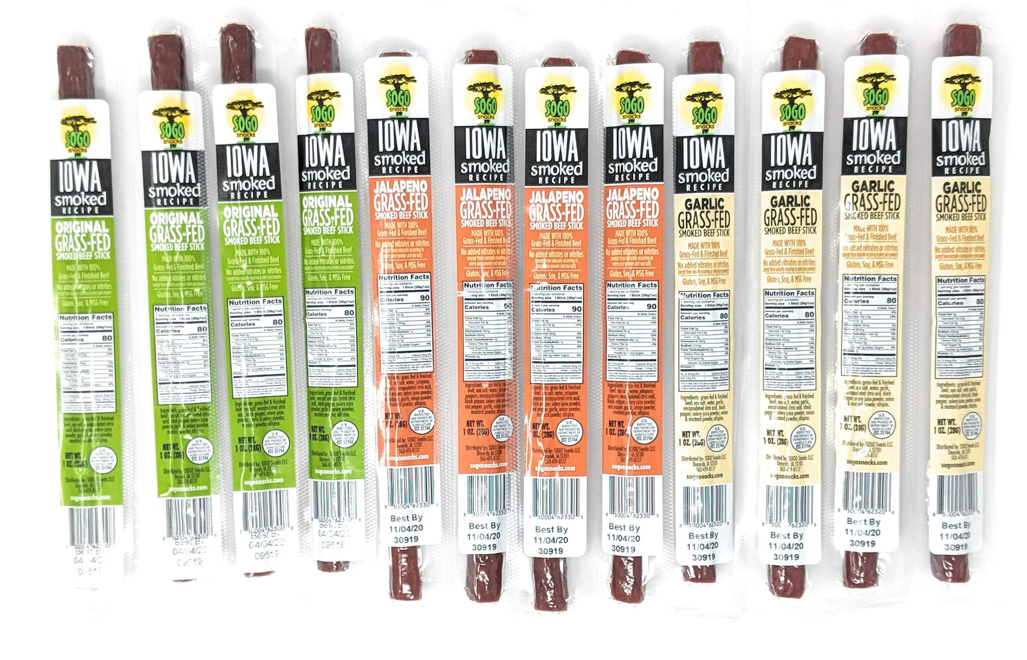 Iowa Smoked Variety, No Sugar, 100% Grass-fed & finished, Non-GMO Beef Sticks. No Nitrates, Gluten, Soy, MSG, Dairy or Nuts. Keto & Paleo Friendly (8 Org, 8 Garlic, 8 Jala, 24 Cnt, 1-oz)