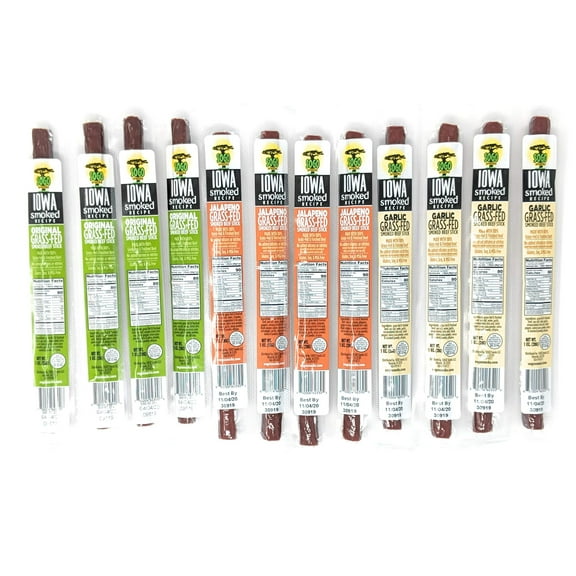 Iowa Smoked Variety, No Sugar, 100% Grass-fed & finished, Non-GMO Beef Sticks. No Nitrates, Gluten, Soy, MSG, Dairy or Nuts. Keto & Paleo Friendly (8 Org, 8 Garlic, 8 Jala, 24 Cnt, 1-oz)