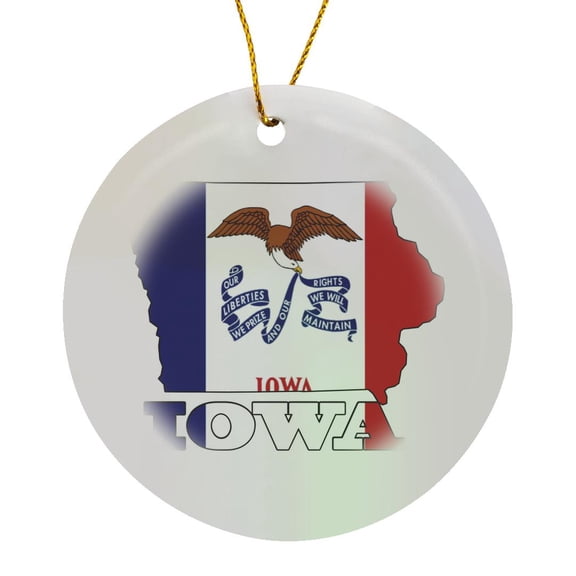 3drose, Iowa State Flag in the Outline Map and Letters for Iowa., Circle Porcelain Ornament