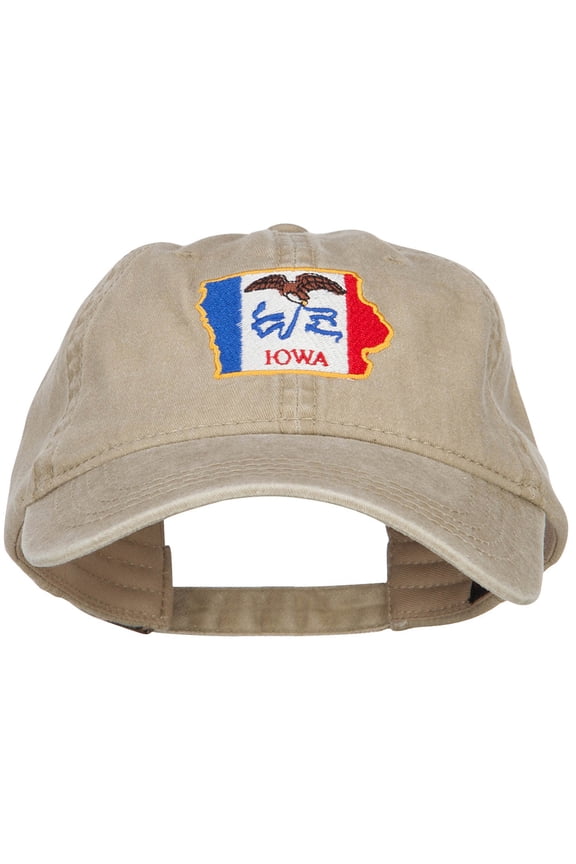 Iowa State Flag Map Embroidered Washed Cap - Khaki OSFM