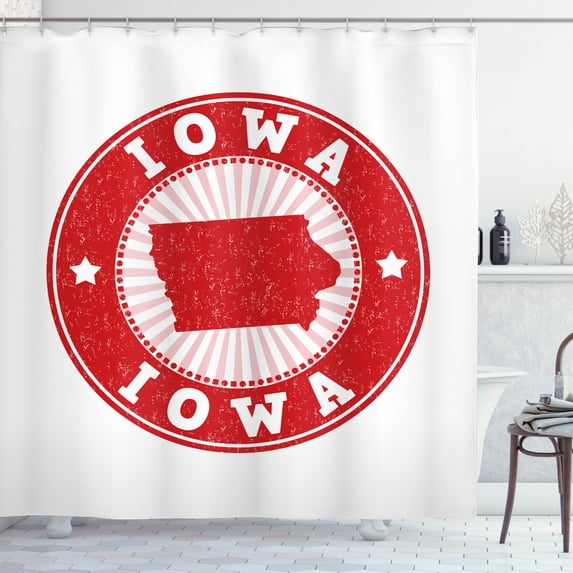 Iowa State Shower Curtain, Grunge Rubber Stamp Illustration with the Name and Map of Iowa, Fabric Bathroom Set with Hooks, 69W X 84L Inches Extra Long, Vermilion Pale Pink White, by Ambesonne