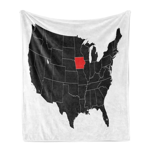 Iowa State Soft Flannel Fleece Throw Blanket, North America Map Showing the Iowa State Simple Cartography Design, Cozy Plush for Indoor and Outdoor Use, 50" x 60", Black Vermilion White, by Ambesonne