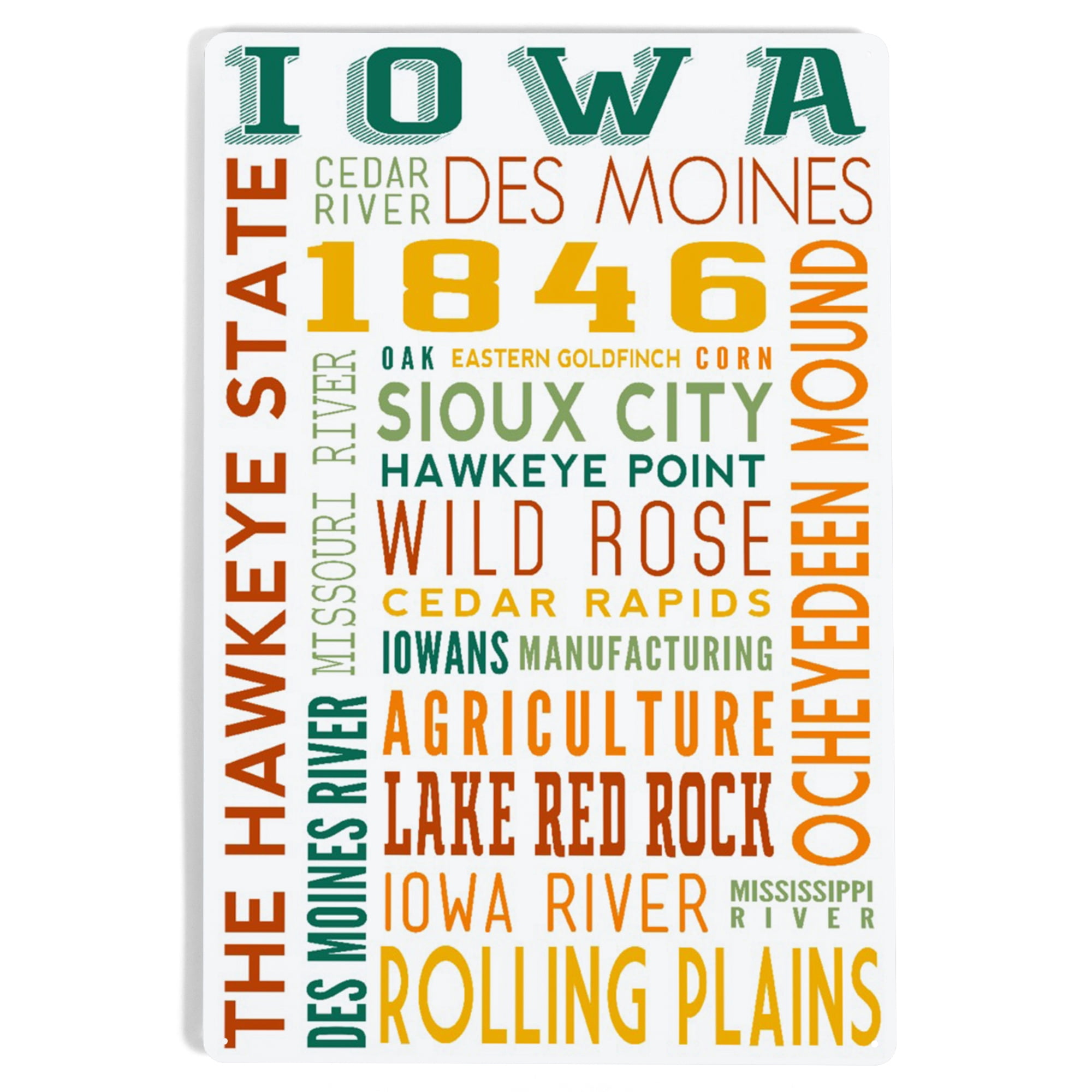 Iowa, Typography (12x18 Aluminum Art, Indoor Outdoor Metal Sign Decor ...