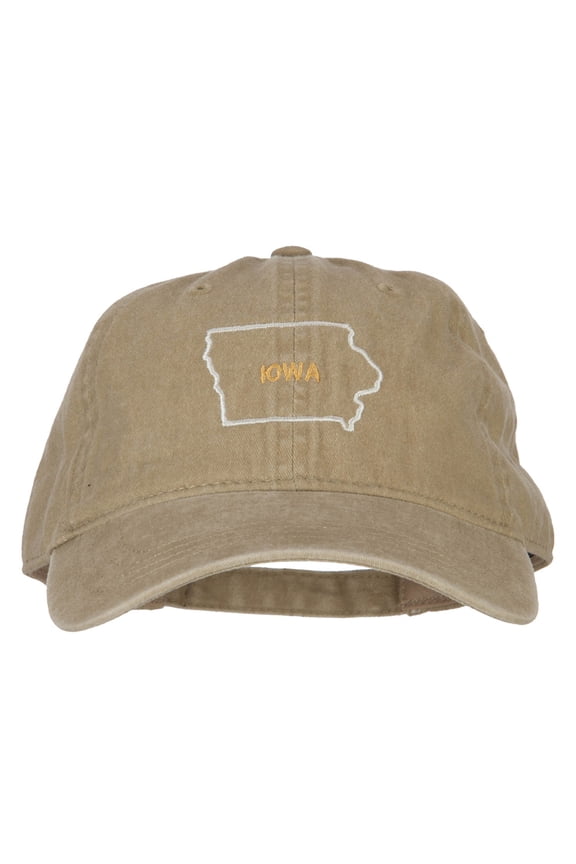 Iowa with Map Outline Embroidered Washed Cotton Twill Cap - Khaki OSFM