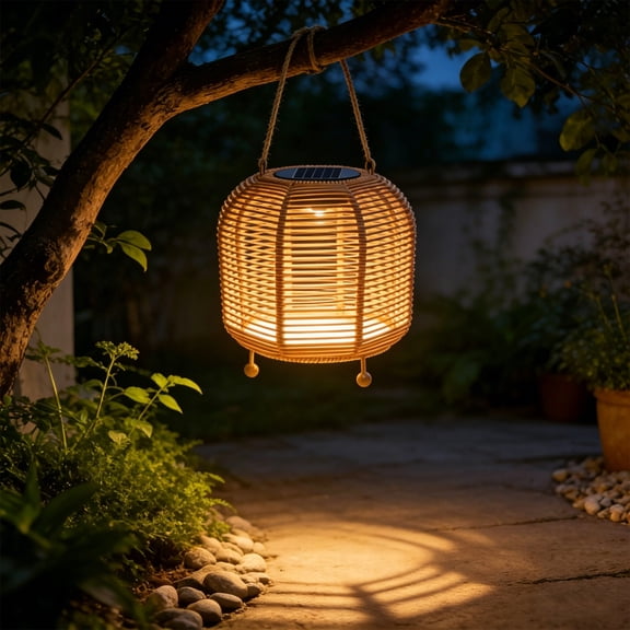 Ip54 Waterproof Solar Powered Rattan Lantern, with Dual Table and Hanging Use Design, Soft Ambient Outdoor Lamp for Courtyard Patio Garden and Backyard Night Scene Atmosphere Decoration, Colorful