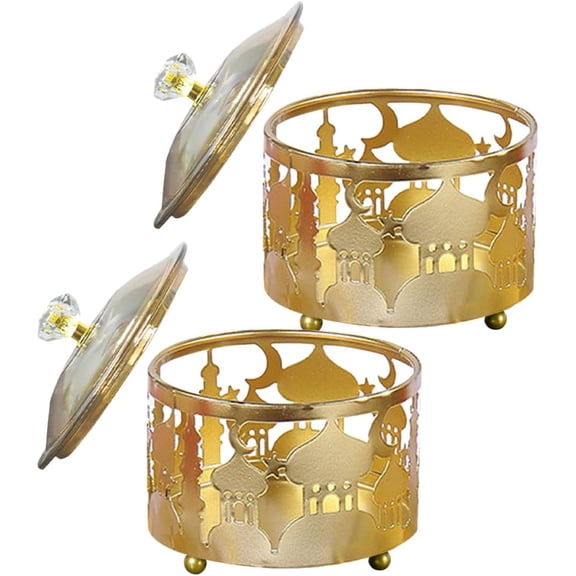 Ipetboom Middle Eastern Style Metal Candy Boxes with Lids, Decorative Party Favor Containers for Wedding and Eid Home Celebration (2 Pieces, Gold)