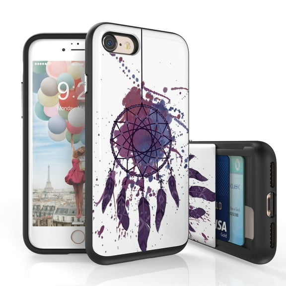 Iphone 7, Iphone 7s, Iphone 8, Iphone 8s Case, DuoShield Slim Wallet Case + Dual Layer Card Holder Dream Catcher Shadow