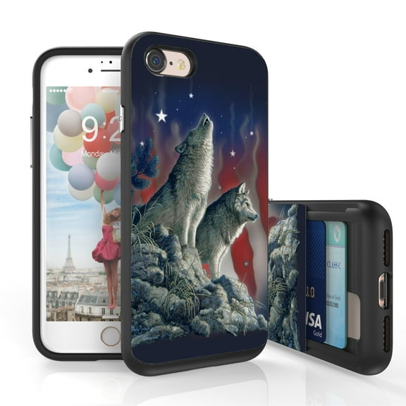 Iphone 7, Iphone 7s, Iphone 8, Iphone 8s Case, DuoShield Slim Wallet Case + Dual Layer Card Holder Patriotic Wolves