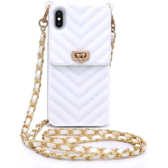 Iphone13 Pro wallet mobile phone case with neck and messenger chain credit card slot girl women's Silicone shockproof mobile phone caseWhite
