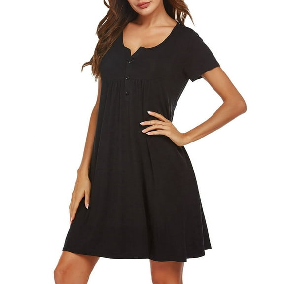 Nightgowns for Women Short Sleeve House Dress with Pockets Floral Print Dress Black XL