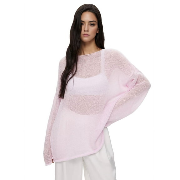 Dycnvjo Women Oversized Long Sleeve Sheer Mesh Knit Sweater Tops Y2K Summer Loose Hollow Out Pullover Jumper Shirt Beach Pink M