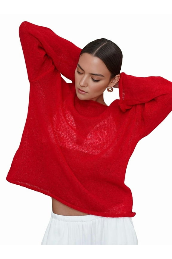 Women Oversized Long Sleeve Sheer Mesh Knit Sweater Tops Y2K Summer Loose Hollow Out Pullover Jumper Shirt Beach Red L