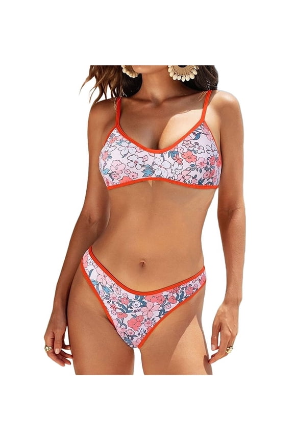 Ipladies Women'S Bikini Sets Scoop Neck Padded 2 Piece Swimsuits High Cut Low Rise Cheeky Bathing Suit Little Orange Flowers L