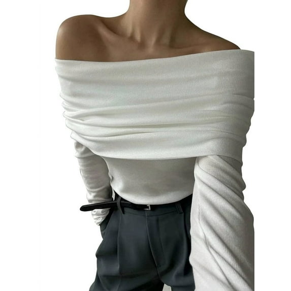 Ipladies Women'S Off the Shoulder Long Sleeve Bodysuit Sexy Slimming Body Suit Tops Sheer Mesh Ruched Outfits White L