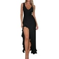thumbnail image 1 of Ipladies Women V Neck Sleeveless Mesh Ruffle Hem Bodycon Maxi Casual Backless High Slit Cocktail Party Dress Black XS, 1 of 6