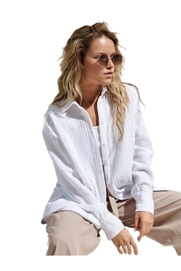 Womens Button Down Shirts Long Sleeve Cotton Casual Collared Blouses Loose Fit White L