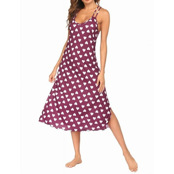 Womens Cotton Long Nightgowns Spaghetti Strap V Neck Full Slip Sleep Shirts Cherry M