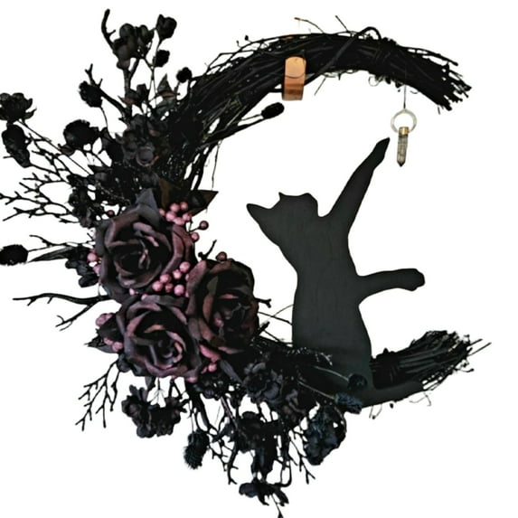 Ipopu Halloween Moon Cat Hanging Wreath - 11.81 Inch Black Decor, Twigs/Plastic/Wood, Multiple Patterns, for Home/Window & Cat Lovers