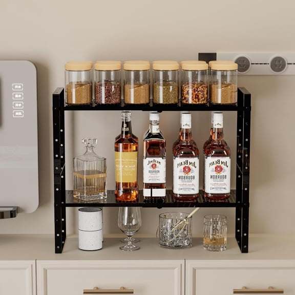 Ipotive Multi-Functional Metal Shoe Rack, Expandable Adjustable Stackable Kitchen Organizer, Metal Shelf Risers for Cabinets, Kitchens and Closet, Bathroom (2 Packs/Black/Medium)