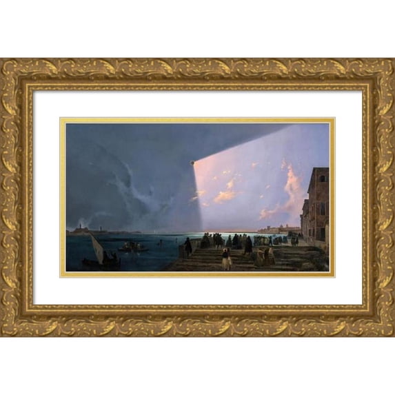Ippolito Caffi 18x12 Gold Ornate Wood Frame and Double Matted Museum Art Print Titled - The Eclipse of the Sun in Venice, July 6, 1842 (1800s)