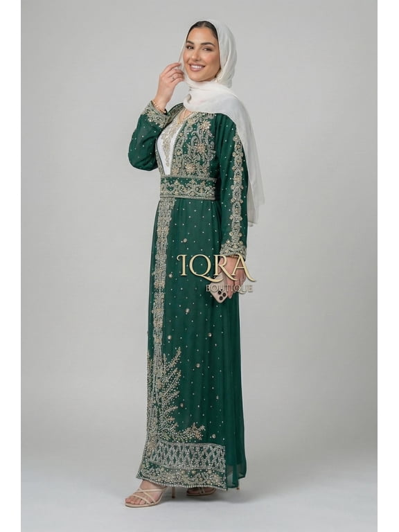 Women's Embellished Formal Maxi Dress, Emerald Green, Long Sleeve, Modest Evening Gown