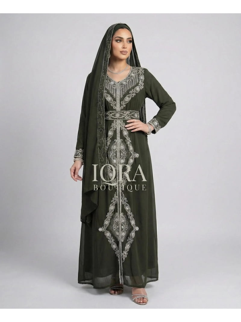 dark green kaftan dress Iqra Boutique Women's Olive Embellished Dress, Traditional Middle Eastern Maxi Gown with Hijab, Size: 7XL Publish Date:01-31-2025 Color:Beige 3 Teal Plus Size Mother Embroidered kaftan The ensemble comes complete
