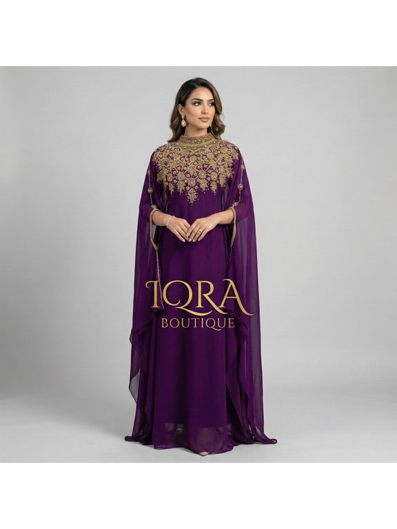 Women's Purple Kaftan Dress with Gold Embroidery, High Neck, Flowing Cape Sleeves