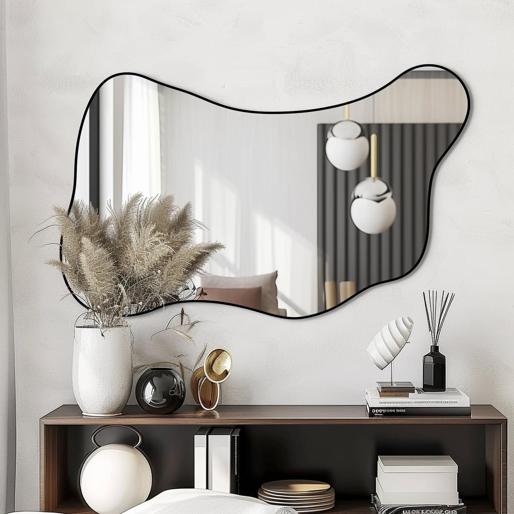 Gluck Plants 14x32 Inch Irregular Wall Mirror - Black Wave Asymmetrical Frameless Mirror For Bathroom, Bedroom, Entryway