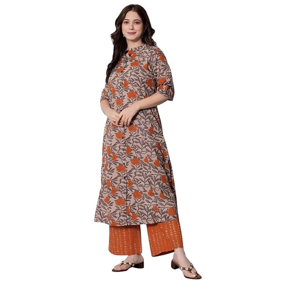 Iraaya Women Cotton Printed A-Line Kurta with Palazzo Pant Set - Indian Ethnic Traditional Wear Kurta Set
