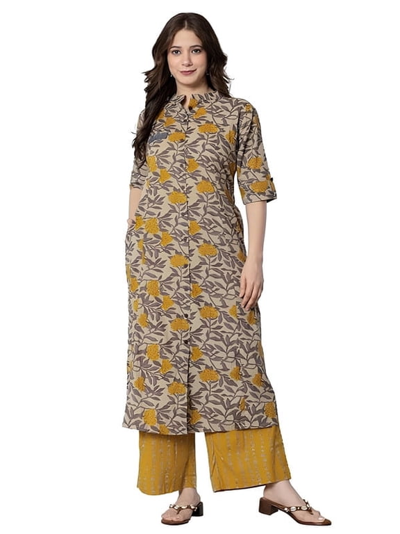 Women Cotton Printed A-Line Kurta with Palazzo Pant Set - Indian Ethnic Traditional Wear Kurta Set