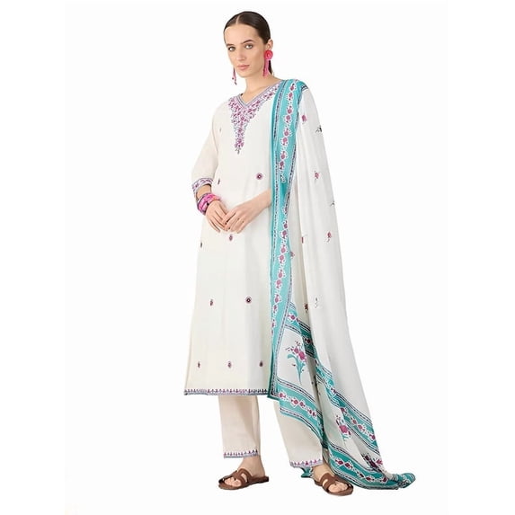Iraaya Women's Pure Cotton Embroidered Straight Kurta and Pant with Dupatta Set - Indian Ethnic Traditional Wear Kurta Set