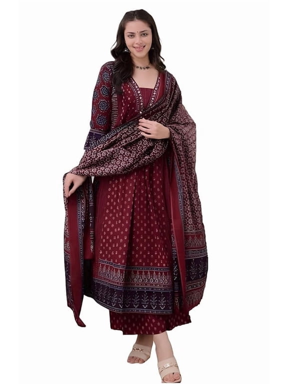 Women's Rayon Printed Anarkali Kurta and Pant with Dupatta Set - Indian Ethnic Traditional Wear Kurta Set