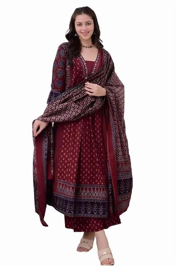 Women's Rayon Printed Anarkali Kurta and Pant with Dupatta Set - Indian Ethnic Traditional Wear Kurta Set