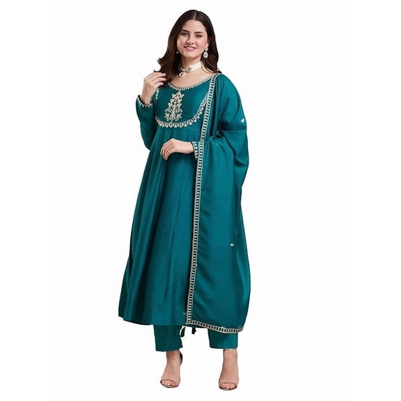Iraaya Women's Silk Anarkali & Pant with Dupatta Set - Indian Ethnic Traditional Wear Kurta Set