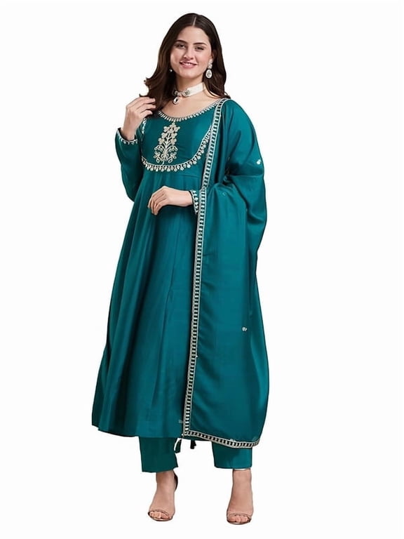Women's Silk Anarkali & Pant with Dupatta Set - Indian Ethnic Traditional Wear Kurta Set