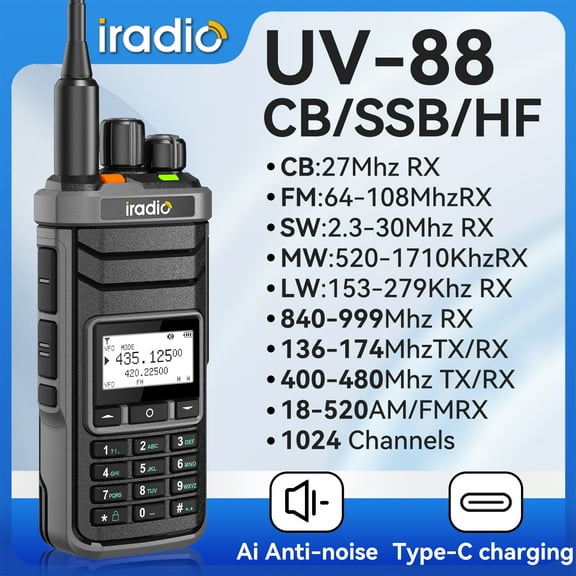 Iradio UV88 Walkie Talkie Two Way Radio Shortwave 2.3-26.1Mhz UV88 FM SW MW LW Radios Multi Band Type-C Reharger 1024 Channel