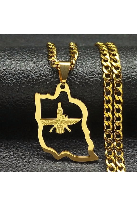 Iran Map Ahura Mazda Religion 14K Yellow Gold Necklaces Zoroastrianism Iranian Cuture Persian Empire Necklace Jewelry