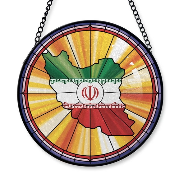 Iran Travel Decor Suncatcher Stained Glass Window Hanging, Gift for Traveller, Collection of Country Travel Souvenirs for Family and Friends, Iran Map and Flag Décor