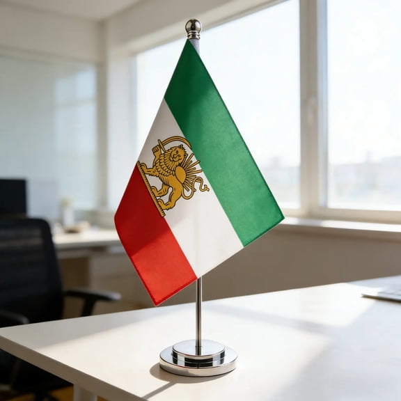 Iranian Historical Desk Flag with Lion and Sun Design 30cm Polyester Table Flag with Metal Stand for Classroom Office Display 11.8 Inch